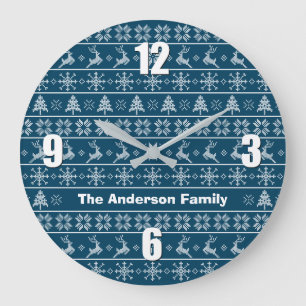 Navy White Nordic Knit Ugly Sweater Name Modern Large Clock