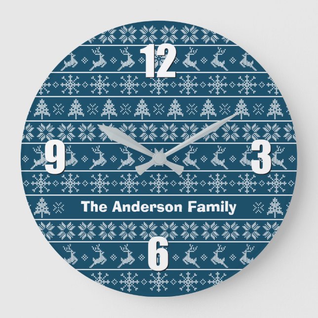 Navy White Nordic Knit Ugly Sweater Name Modern Large Clock (Front)