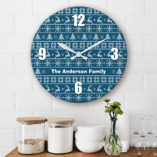 Navy White Nordic Knit Ugly Sweater Name Modern Large Clock