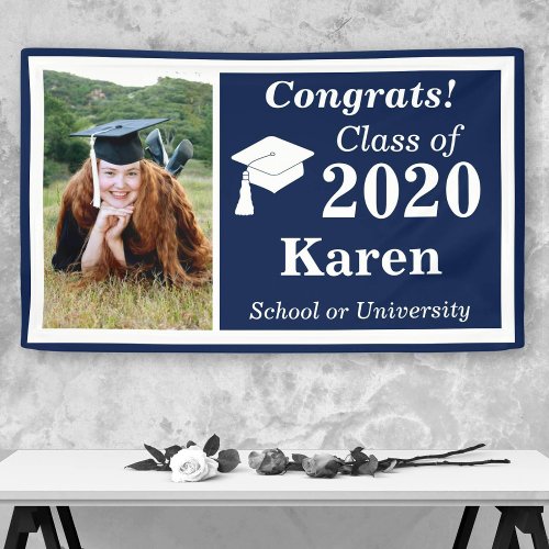 Navy White One Photo Class of 2024 Graduation Banner