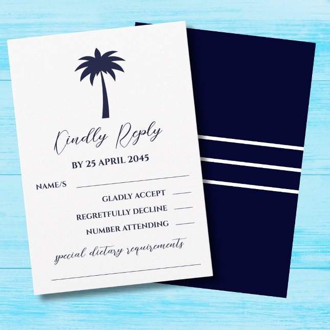 Navy White Palm Tree Coastal Wedding RSVP Card (Creator Uploaded)