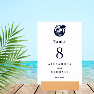 Navy White Palm Tree Coastal Wedding Table Number