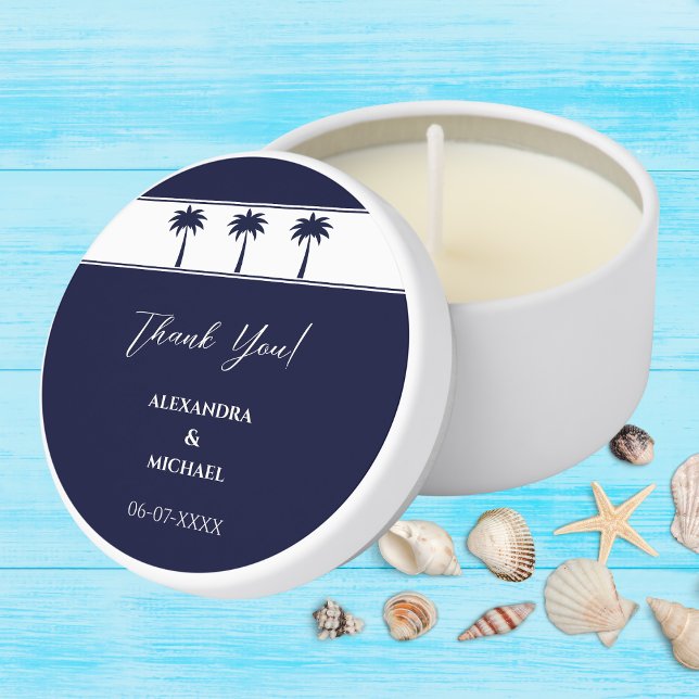 Navy White Palm Tree Coastal Wedding Thank You Mini Candle Favors (Creator Uploaded)