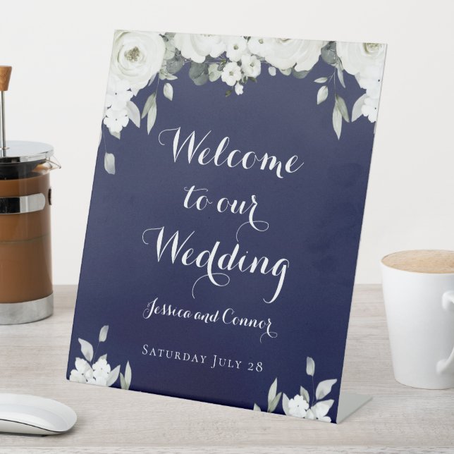 Navy & White Peony Welcome To Our Wedding Pedestal Sign (In SItu)