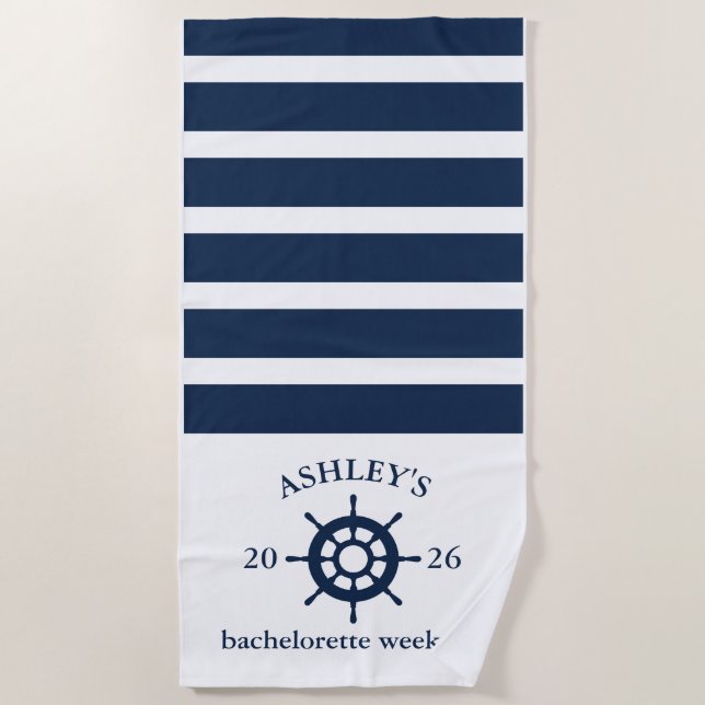 Navy & White Personalized Bachelorette Weekend Beach Towel (Front)