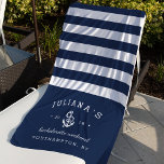 Navy & White Personalized Bachelorette Weekend Beach Towel<br><div class="desc">Celebrate your bachelorette weekend,  getaway or party with these unique custom beach towels. Personalized design features nautical navy blue and white stripes with the bride's name,  event type,  year and destination flanking a white rope and anchor illustration.</div>