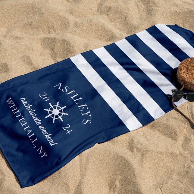 Navy & White Personalized Bachelorette Weekend Beach Towel (Creator Uploaded)