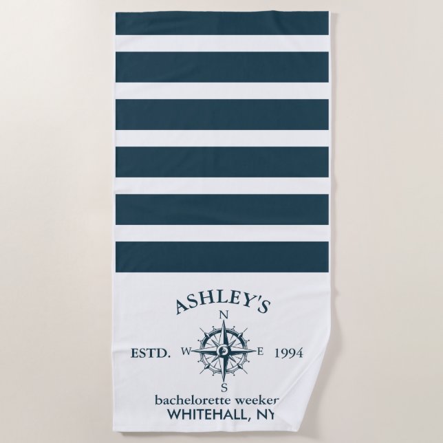 Navy & White Personalized Bachelorette Weekend Beach Towel (Front)