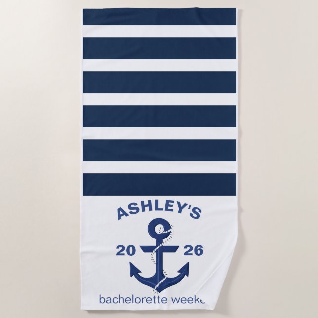 Navy & White Personalized Bachelorette Weekend Beach Towel (Front)
