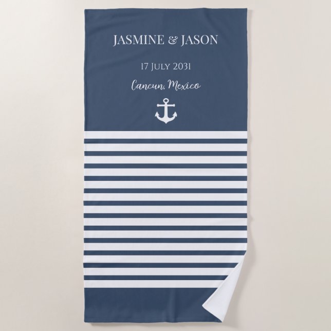 Navy  White Personalized Destination Wedding Favor Beach Towel (Front)