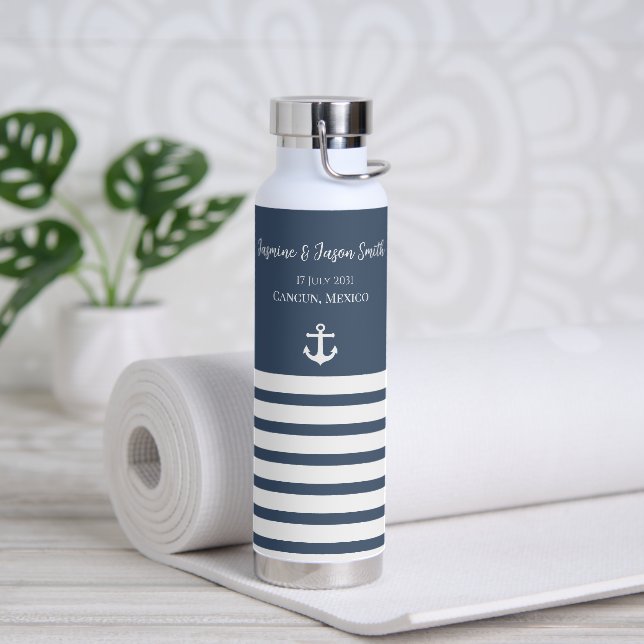 Navy  White Personalized Destination Wedding Favor Water Bottle (Yoga)