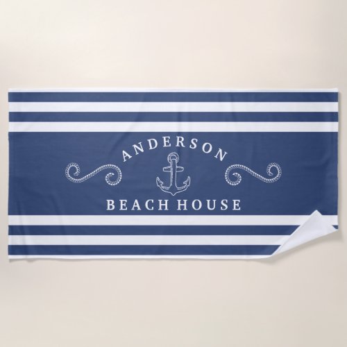 Navy &Amp;Amp; White Personalized Nautical Beach House Beach Towel