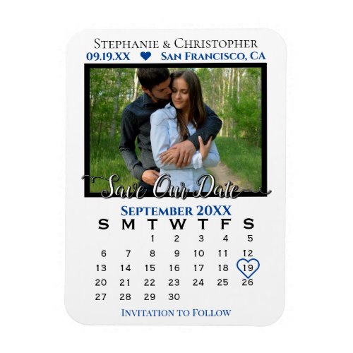 Navy  White Photo Calendar Save Our Date Wedding Magnet