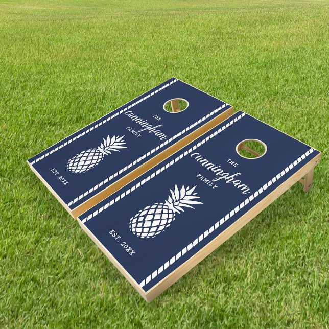 Navy & White Pineapple Personalized Family Name Cornhole Set (Creator Uploaded)