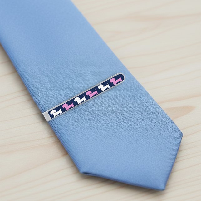 Navy White & Pink Dachshund Modern Tie Bar (Pink and navy blue dachshund tie bar for wiener dog dads)