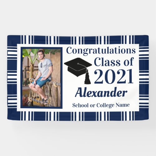 Navy White Plaid School Colors Graduation Banner