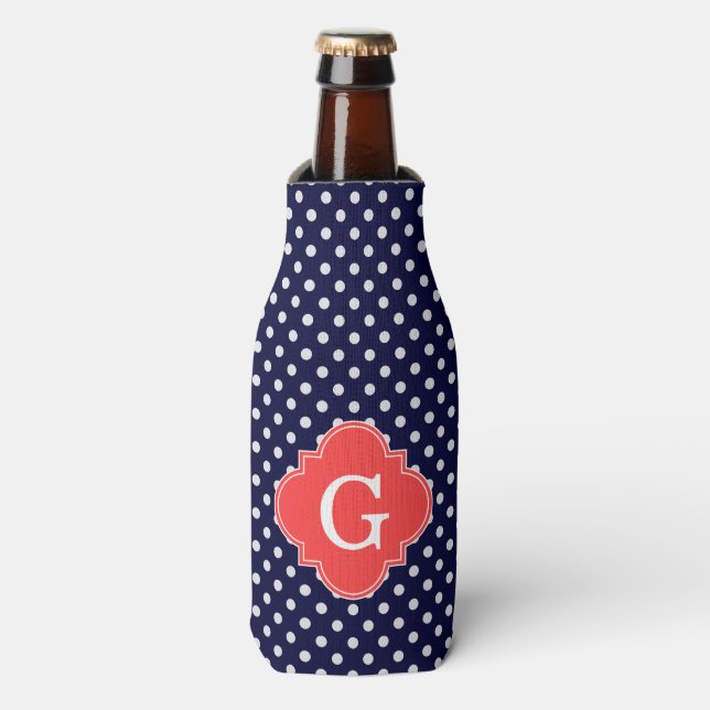 Navy White Polka Dot Coral Quatrefoil Monogram Bottle Cooler (Bottle Front)