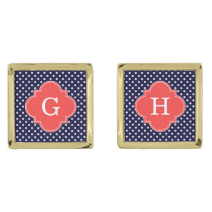 Navy White Polka Dot Coral Quatrefoil Monogram Gold Cufflinks