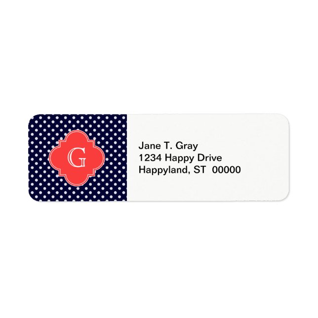 Navy White Polka Dot Coral Quatrefoil Monogram Label (Front)