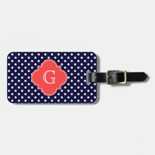 Navy White Polka Dot Coral Quatrefoil Monogram Luggage Tag