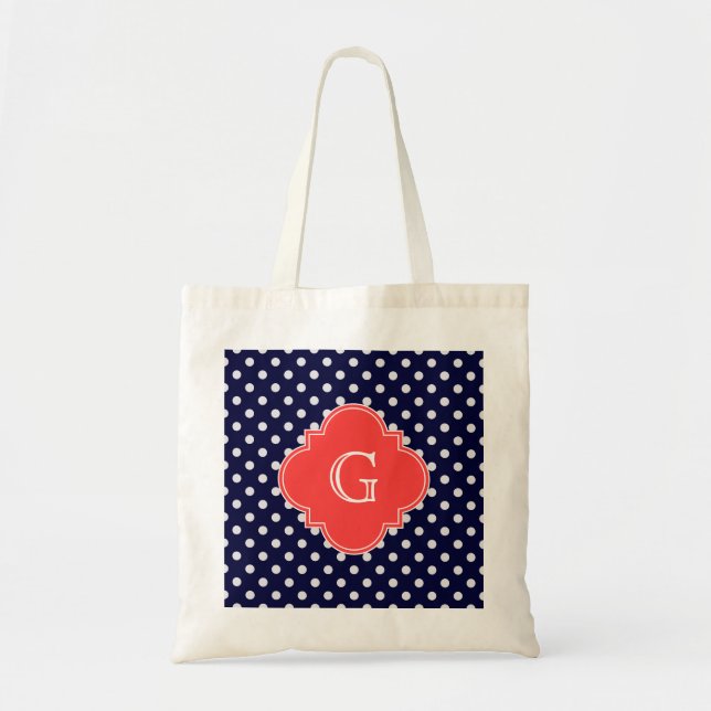 Navy White Polka Dot Coral Quatrefoil Monogram Tote Bag (Front)