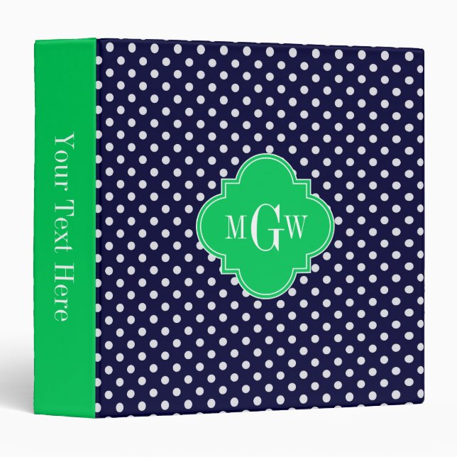 Navy White Polka Dot Emerald Quatrefoil 3 Monogram 3 Ring Binder (Front/Spine)