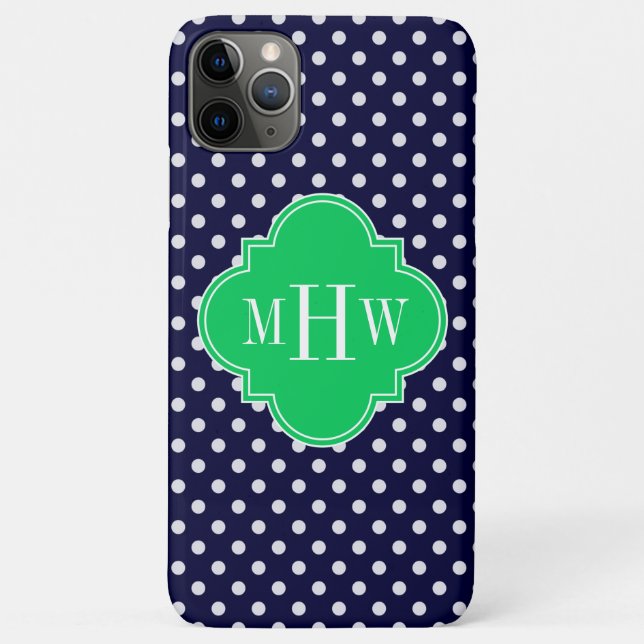 Navy White Polka Dot Emerald Quatrefoil 3 Monogram Case-Mate iPhone Case (Back)