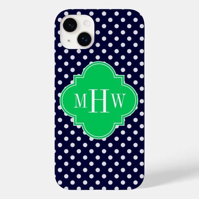 Navy White Polka Dot Emerald Quatrefoil 3 Monogram Case-Mate iPhone Case (Back)