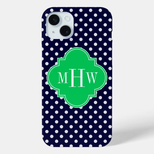 Navy White Polka Dot Emerald Quatrefoil 3 Monogram iPhone 15 Plus Case