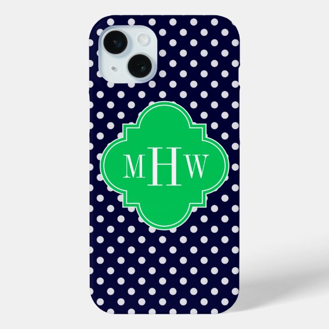 Navy White Polka Dot Emerald Quatrefoil 3 Monogram Case-Mate iPhone Case (Back)