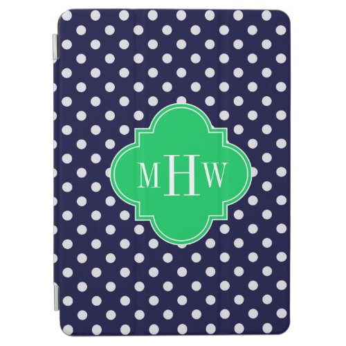 Navy White Polka Dot Emerald Quatrefoil 3 Monogram iPad Air Cover