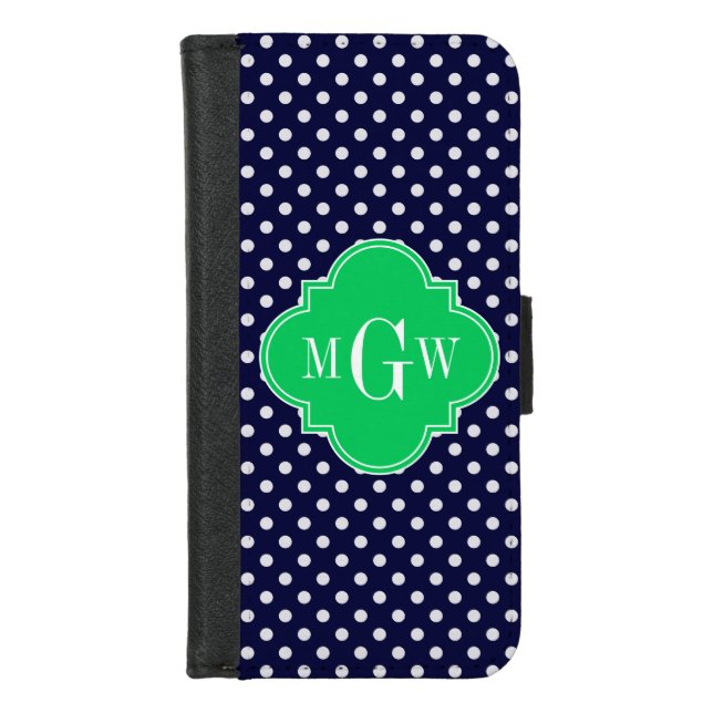 Navy White Polka Dot Emerald Quatrefoil 3 Monogram iPhone Wallet Case (Front)