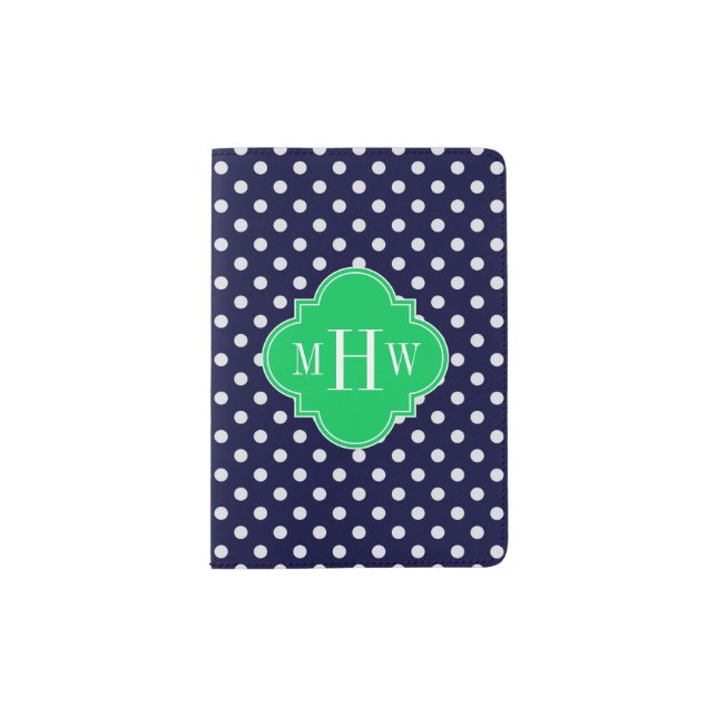 Navy White Polka Dot Emerald Quatrefoil 3 Monogram Passport Holder (Front)