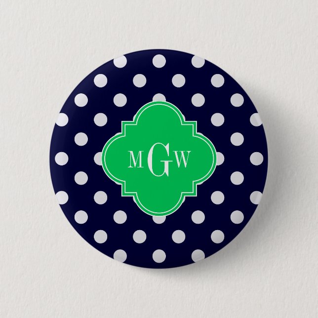 Navy White Polka Dot Emerald Quatrefoil 3 Monogram Pinback Button (Front)