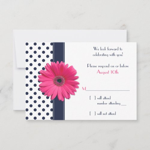 Navy White Polka Dot Pink Daisy Wedding RSVP Card Invite
