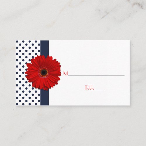 Navy White Polka Dot Red Gerber Daisy Place Card Business Cards