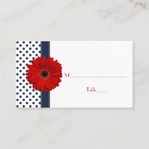 Customizable Navy White Polka Dot Red Gerber Daisy Place Card Business Cards