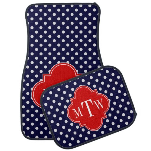 Navy White Polka Dot Red Quatrefoil 3 Monogram Car Mat