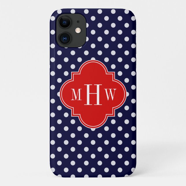 Navy White Polka Dot Red Quatrefoil 3 Monogram Case-Mate iPhone Case (Back)
