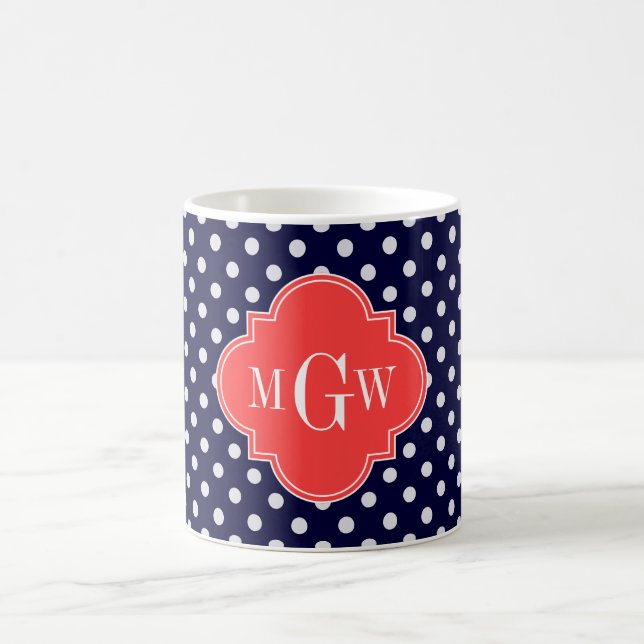 Navy White Polka Dots Coral Quatrefoil 3 Monogram Coffee Mug (Center)