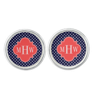 Navy White Polka Dots Coral Quatrefoil 3 Monogram Cufflinks