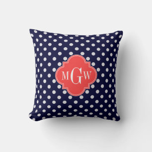 Navy White Polka Dots Coral Quatrefoil 3 Monogram Throw Pillow