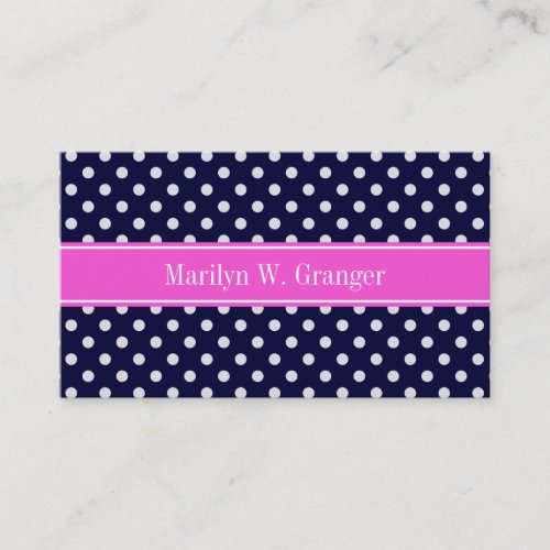 Navy White Polka Dots Hot Pink Ribbon Monogram Business Card