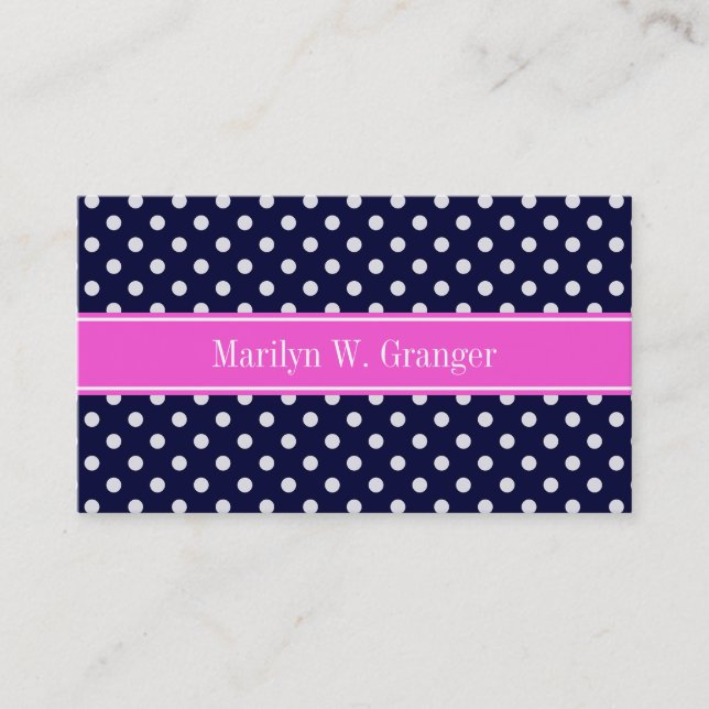 Navy White Polka Dots Hot Pink Ribbon Monogram Business Card (Front)