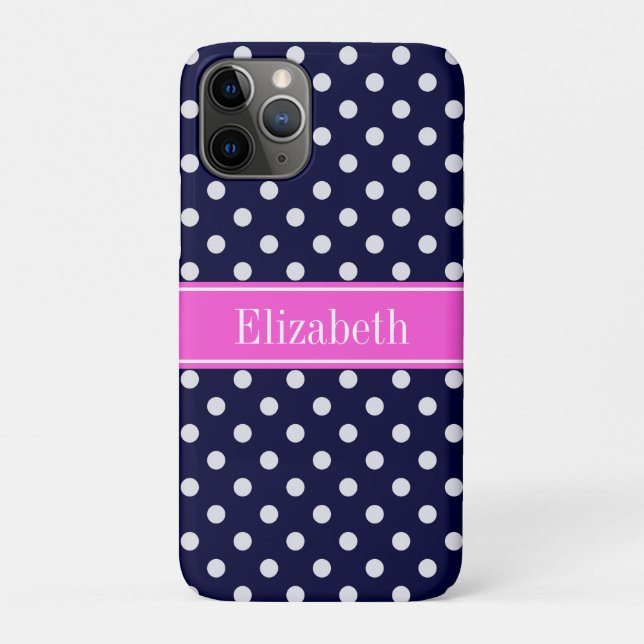 Navy White Polka Dots Hot Pink Ribbon Monogram Case-Mate iPhone Case (Back)