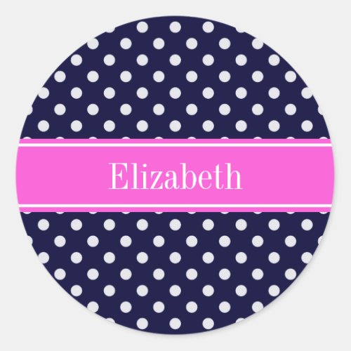 Navy White Polka Dots Hot Pink Ribbon Monogram Classic Round Sticker