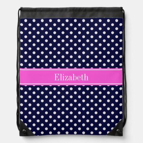 Navy White Polka Dots Hot Pink Ribbon Monogram Drawstring Bag