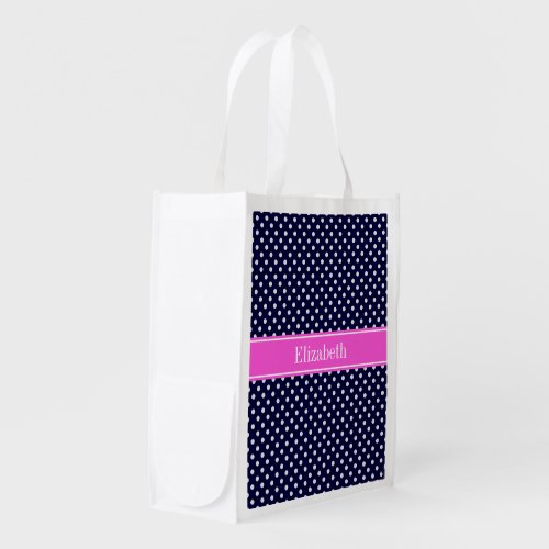 Navy White Polka Dots Hot Pink Ribbon Monogram Grocery Bag