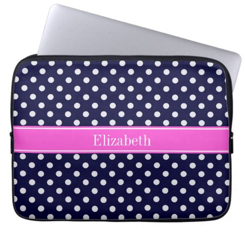 Navy White Polka Dots Hot Pink Ribbon Monogram Laptop Sleeve