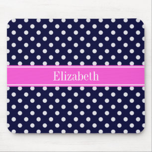 Navy White Polka Dots Hot Pink Ribbon Monogram Mouse Pad